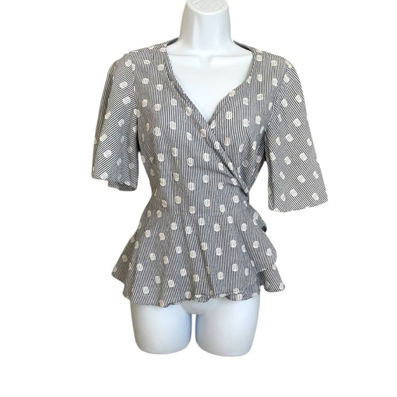 LOFT Blue White Striped Polka Dot Wrap Peplum Top Cotton Blend Short Bell Sleeve - Picture 1 of 7